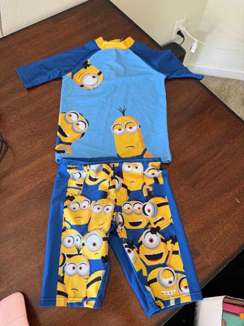 Minions Boys Rash Guard & Swim Trunks Two Piece Set, Stretchable Swimsuit, Boys